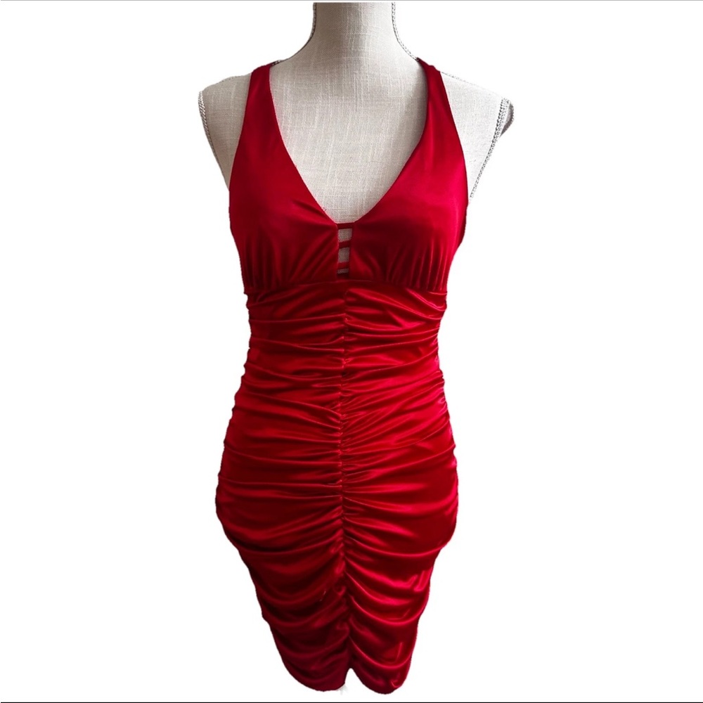 Vintage Frederick’s of Hollywood Ruched Strappy Red Dress Womens SMALL Satin